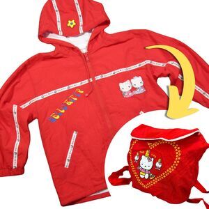 Hello Kitty Jacket Girls 14 Red Windbreaker Full Zip Convertible Backpack Hooded